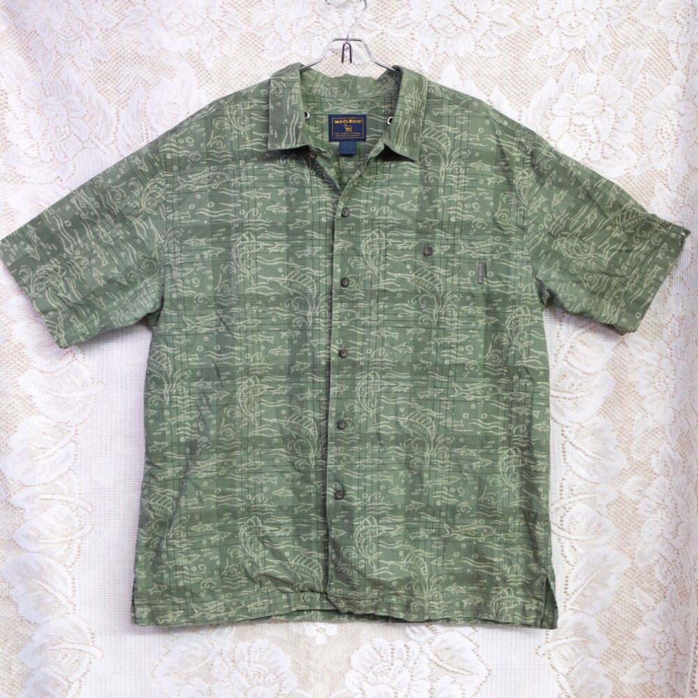 Woolrich Mens Large Button Up Short Sleeve Collared Shirt Palm Fish Print Green